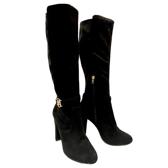 NWOTB - BEBE BARYA Black Suede Knee High Boots with Gold-tone Logo Size 10 - Picture 4 of 10